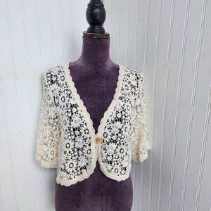 Rabbit Rabbit Rabbit Design Women's Natural Beige Floral Crochet Shrug Sz 16